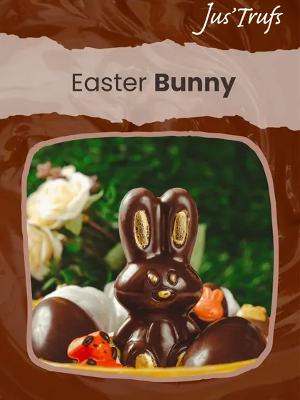 Our Easter bunny design shows the chocolate figure alongside smaller seasonal pieces, framed by the Jus'Trufs collection artwork.