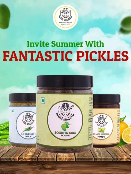 Invite summer into your home with these fantastic pickles. This selection includes our Sookha Aam Achaar, Chatpati Mirch, and Khatta Meetha Nimbu.