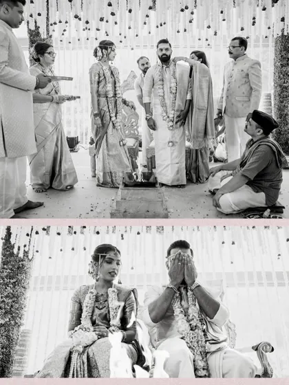 The solemn and heartfelt moments of a wedding ceremony, captured in timeless black and white. Our traditional decor provides a subtle yet elegant backdrop to these emotional rituals.