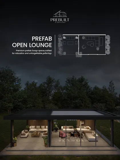 We design and build bespoke prefab open lounges for farmhouses and garden retreats. This concept image showcases a structure with both enclosed and open-air sections, complete with a layout plan, illustrating how we craft spaces for relaxation and social gatherings.