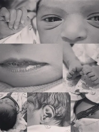 A collage of all the tiny details from a Fresh 48 session. From their little lips and ears to their hospital tag, these are the precious features you'll want to remember forever.