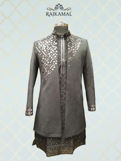A full view of the grey Indo-Western jacket, paired with a matching grey kurta and pants for a sleek, monochromatic look.