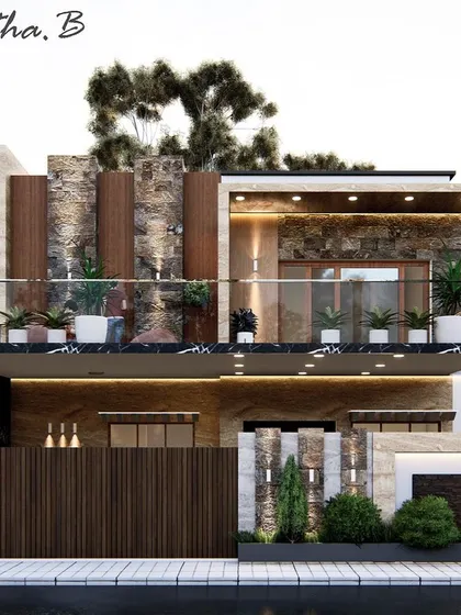 A luxurious villa design where I used natural stone cladding, marble accents, and extensive glass railings. The integrated lighting highlights the textures and architectural details, creating a stunning effect at dusk.