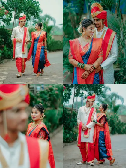 A collection of four beautiful portraits of the couple, showcasing their loving interactions and stunning traditional wedding attire from different angles.