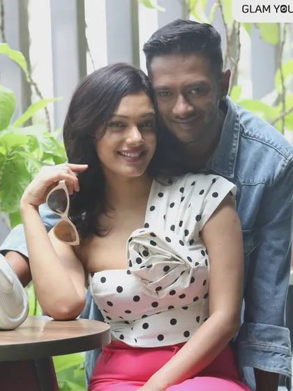 A happy and candid shot of actors Shreyas Chinga and Sarah Harish from their portfolio shoot.
