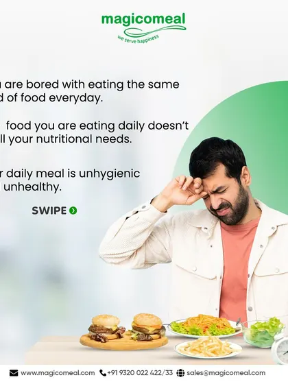 Are you bored with eating the same food every day? This graphic addresses common mealtime problems like lack of variety and poor nutrition, positioning us as the solution.