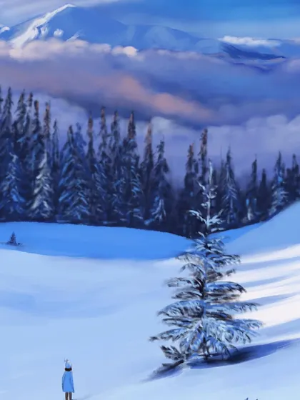 A lone figure in a vast, snowy landscape. This digital painting evokes a sense of peace and solitude, showcasing my ability to create atmospheric and emotive winter scenes.