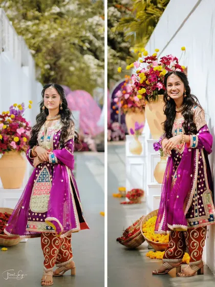 A collage of a guest or bridesmaid in a vibrant purple and red outfit, posing against a floral backdrop.