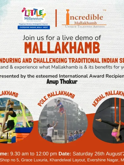 We are always growing. This flyer announces the opening of our 9th center in Mumbai, bringing Mallakhamb and aerial arts to a new neighborhood.