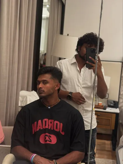 A mirror selfie showing the final look for Sai Sudharsan.