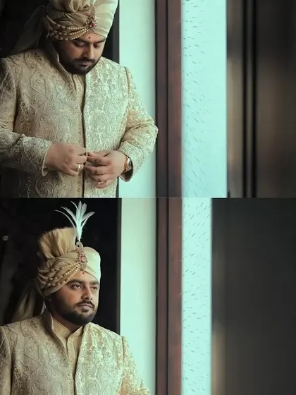 A collage of the groom getting ready, capturing the final touches to his sherwani and his thoughtful expression.