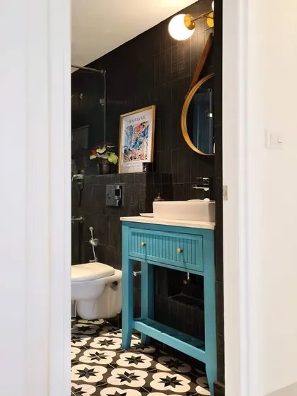 After shot of the moody bathroom in the Breeze Home.