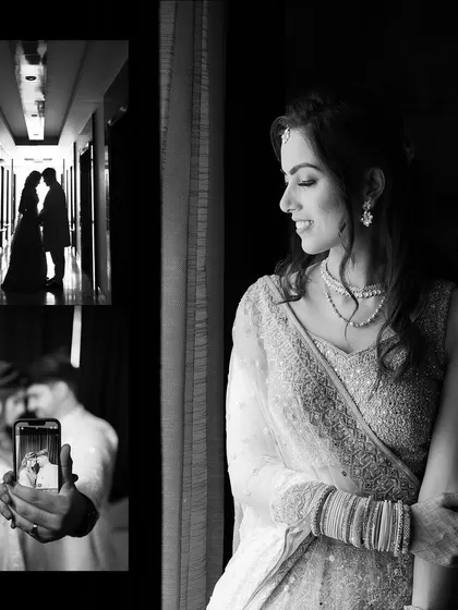 A collage of black and white images from an engagement session. It combines a beautiful bridal portrait with creative shots, including a silhouette and a reflection, to tell a complete story of the day.
