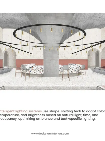 This render explores intelligent lighting systems that adapt based on natural light and occupancy, optimizing the ambiance for different tasks and times of day.