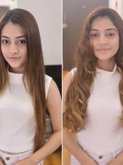 Another beautiful straight-to-curly makeover, this time with added color for a warm, sun-kissed effect.
