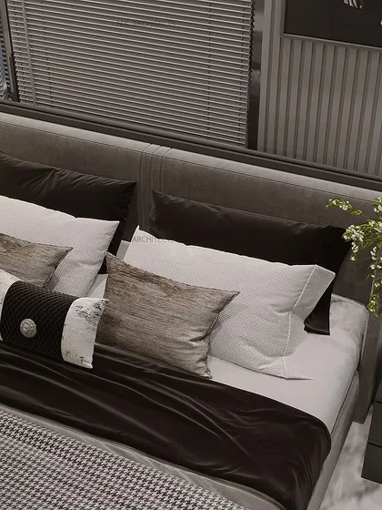 If your bedroom has a beautiful window as a backdrop, you can embrace it to create a stunning, airy space. This design uses a low-profile bed and a floating TV unit to keep the focus on the view.