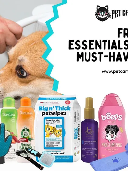 We've got all your grooming needs covered, from essentials to must-haves. This image showcases a variety of products including shampoos, wipes, brushes, and towels to keep your pet looking and feeling great.