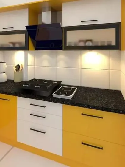 A vibrant and cheerful kitchen design for a 3BHK at United Blossoms, using a bright yellow and white color scheme to create a welcoming and energetic cooking space.
