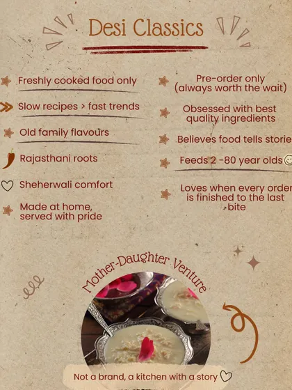 This image captures our core values. We are a mother-daughter venture committed to slow recipes, old family flavours, and freshly cooked food, serving you from our home with pride.