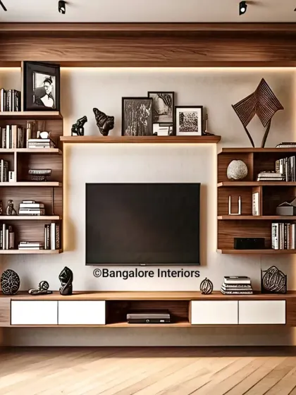 Our custom TV and entertainment units are designed to be the centerpiece of your living room. This modern design features extensive shelving for books and decor, a floating console with concealed storage, and subtle backlight to enhance the viewing experience.
