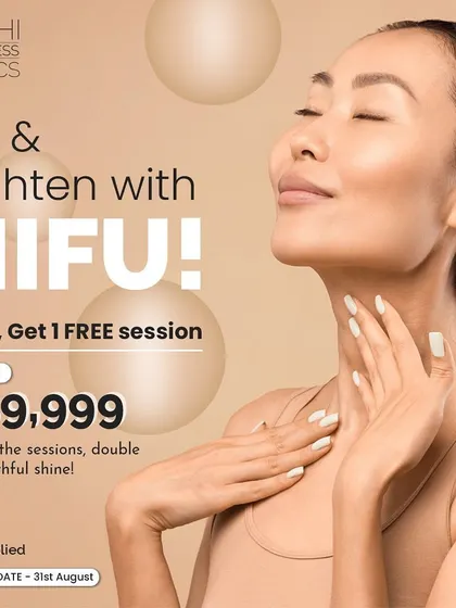 Get double the youthful shine with our Buy 1, Get 1 Free session offer on HIFU. This is a great opportunity to experience the benefits of our non-invasive skin lifting and tightening treatment.