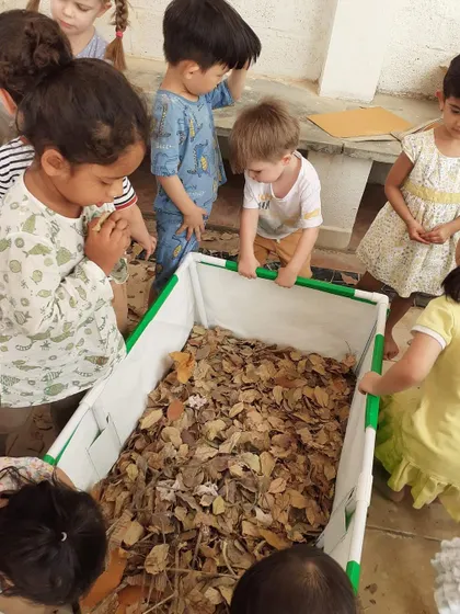 The children look into the compost bin, observing how leaves and other organic materials are breaking down.