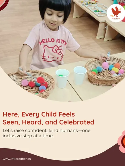 Here, every child feels seen, heard, and celebrated. A child sorts colorful objects, an activity that develops fine motor skills and concentration while being fun and engaging.