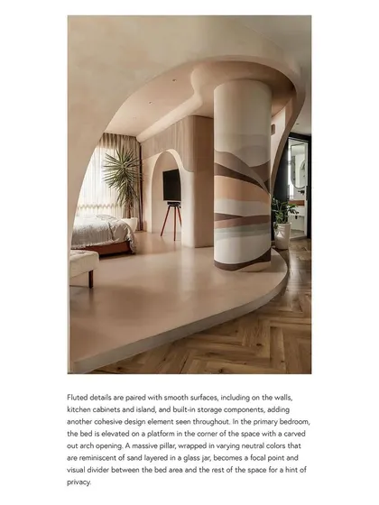 Design Milk showcased the primary bedroom, where we wrapped an isolated column in custom wallpaper to turn an obstacle into a unique statement piece.