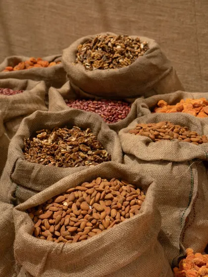 Burlap sacks filled with local nuts and dried fruits, like walnuts and almonds, were part of the interactive market-themed decor.