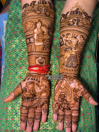 A full bridal design telling multiple stories. On the arms, you can see Radha Krishna and a wedding ceremony, while the palms show the bride and groom's own story.