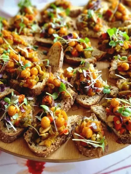 Bruschetta topped with a savory chickpea mixture and microgreens. This is a healthy and flavorful vegan appetizer option that is always well-received by guests.