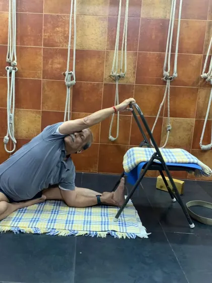 Additional images from my personal practice and teaching sessions, demonstrating a wide variety of asanas and the use of props. Each photo shows a moment of exploration in the journey of yoga.