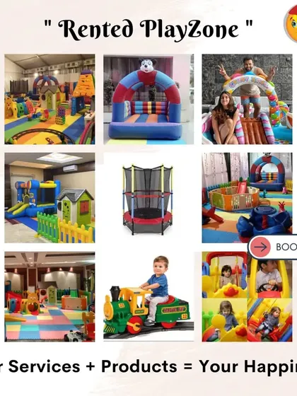 Our services plus our products equal your happiness. This nine-grid collage shows the wide variety of toys I offer, from bouncy castles and trampolines to trains and slides.