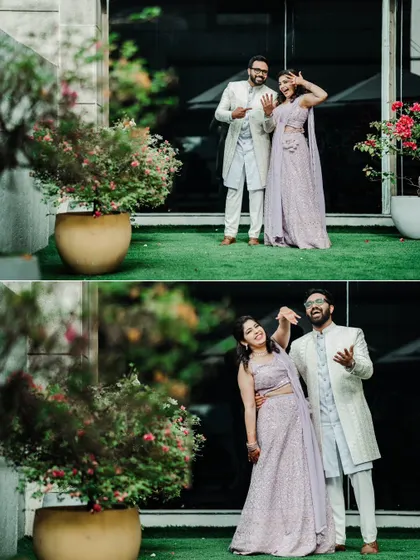 A collage of fun and playful poses from an engagement shoot, capturing the couple's joyful and energetic personalities.