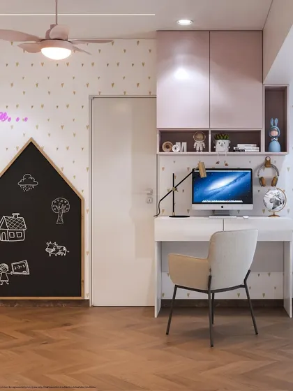 This kids' room features a house-shaped chalkboard for creative play, alongside a clean, modern study desk with overhead storage.