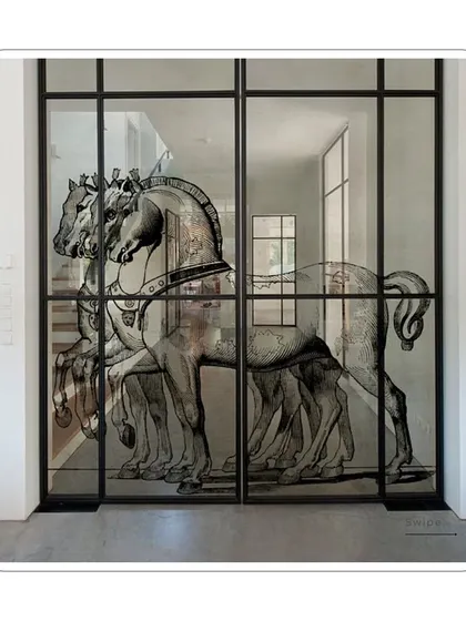 Another example of how my designs can be printed on different surfaces. This illustration of horses is applied to a glass door, creating a statement piece that is both functional and beautiful.