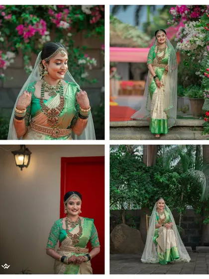 A collage of the bride in her beautiful green and gold saree, capturing her grace and charm.