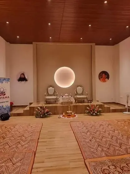 The serene and sacred meditation hall at our Samyama Foundation Spiritual Centre in Bangalore. This space is designed to foster peace and deep introspection, serving as a physical sanctuary for our in-person spiritual programs, healing sessions, and Satsangs.