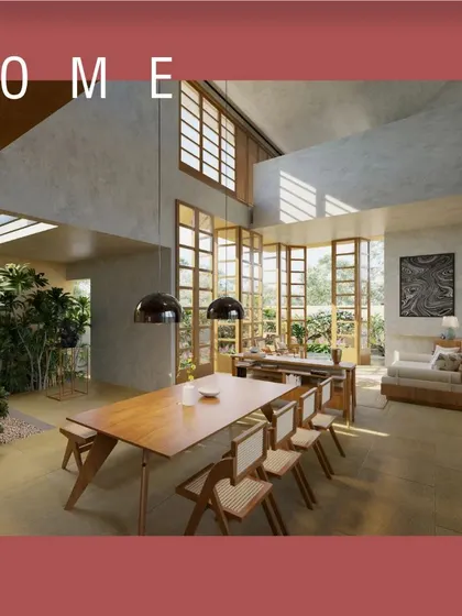 A render of the dining and living area in our 'Belagavi Home' concept, showcasing a double-height space with an internal courtyard. The design emphasizes natural light and a seamless connection to nature.