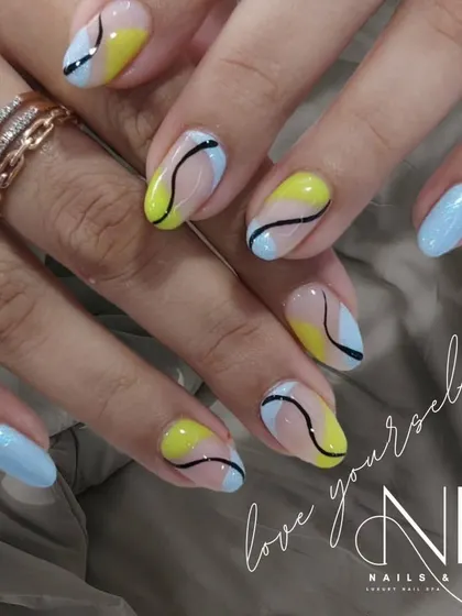 This abstract design uses negative space for a modern effect. We combined pastel yellow and blue sections with a clean, curving black line for a playful, artistic look.