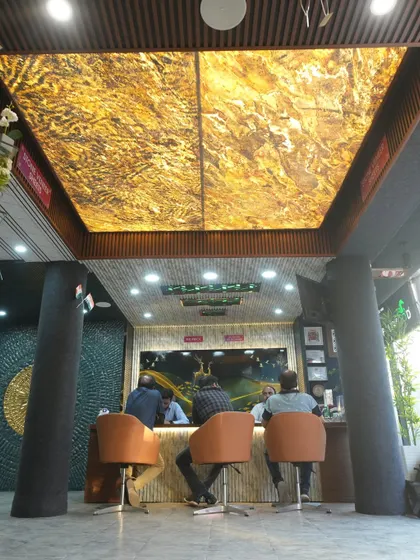 Another angle of the magnificent backlit ceiling, showing how it transforms the entire ambiance of the space.