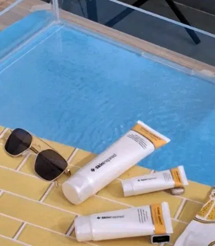 The poolside setup for Skininspired sunscreen, created using our studio water tank and yellow tiles.