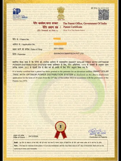 We are proud to hold an official patent from the Government of India for our "Smart Solar Tree with Optimum Power Distribution System". This legally protects our unique design and technological integration, establishing us as true innovators in the renewable energy sector.