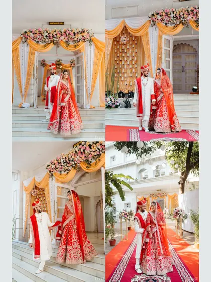 A four-part collage showing the bride and groom's grand entrance and portraits. It tells a small story of their wedding day, from walking down the steps to posing for their classic shots.