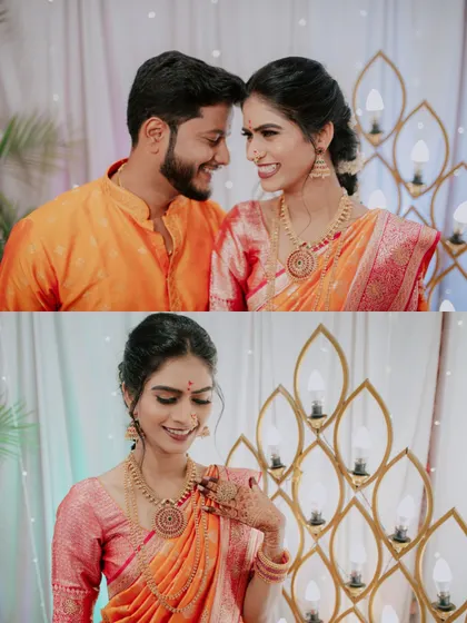 A collage showing a romantic couple portrait and a beautiful solo shot of the bride-to-be from their engagement.