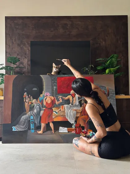 A typical Sunday for me, sitting on the floor and getting lost in a large oil painting. This is me working on the 'Hypebeast Socrates' piece in my home studio.