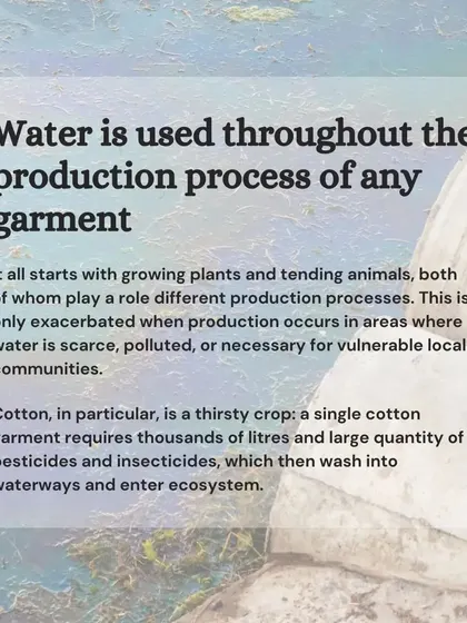 Water is used throughout the production of any garment, starting with water-intensive crops like cotton. By choosing natural dyes and organic fabrics, we reduce the water footprint and eliminate pesticides.