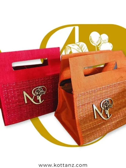 Our thamboolam bags can be personalized with your custom monogram. These eco-friendly and chic bags are a sustainable and stylish way to add a personal touch to your wedding.