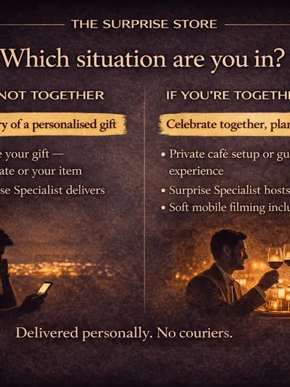 Are you together or apart? We have the perfect surprise for every situation. This graphic explains our two main service types: surprise deliveries and fully hosted celebrations.