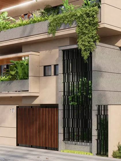 This concept render shows our exploration of a vertical green trellis, a strategy to bring landscape elements up the facade of a multi-story urban home.